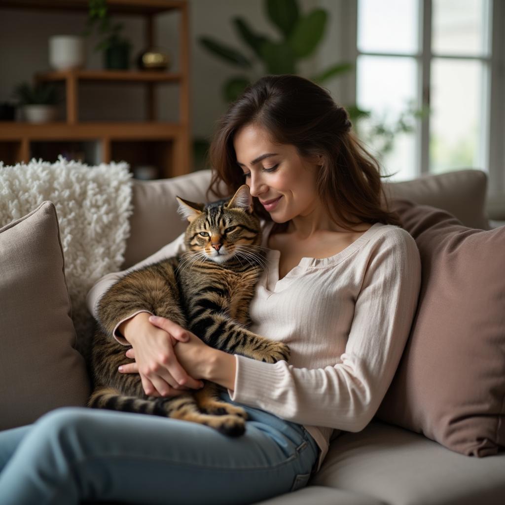 Femme avec son chat sur le canapé
