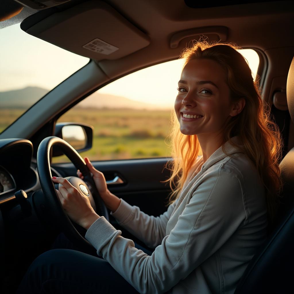 Voiture sur une route au coucher du soleil