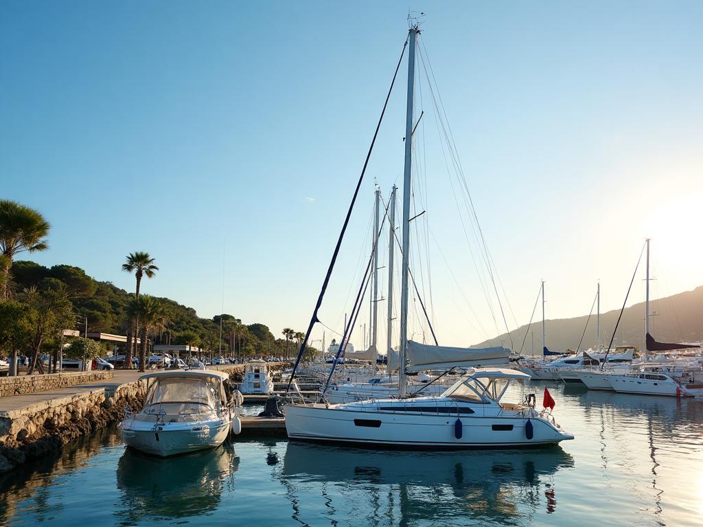Marina avec voiliers et bateaux à moteur