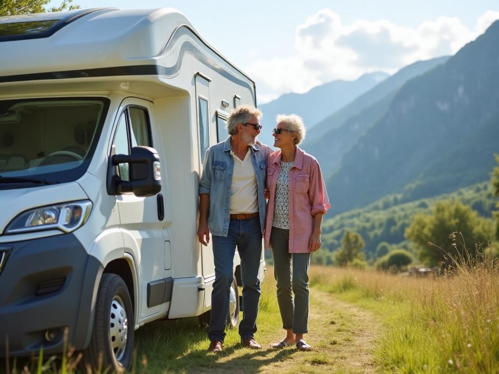 Couple heureux devant leur camping-car en montagne