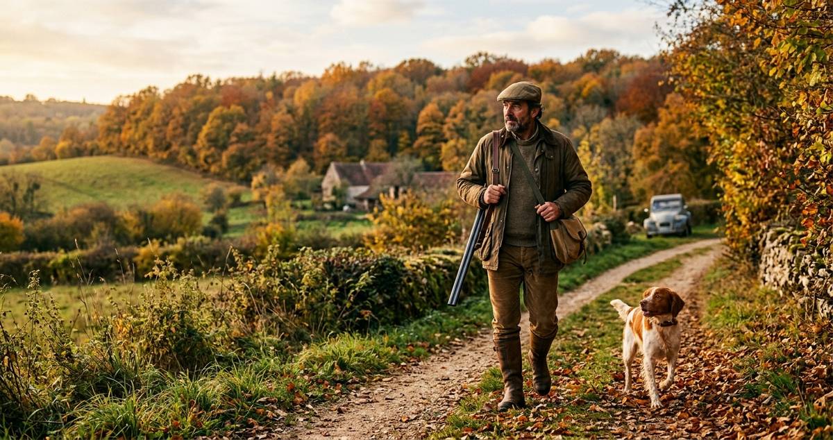 Chasseur et son chien dans un paysage de campagne française