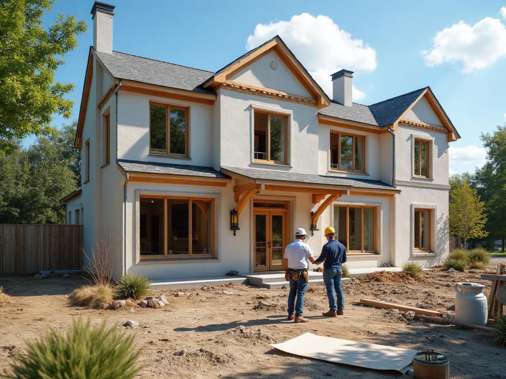 Maison en construction avec propriétaires et constructeur