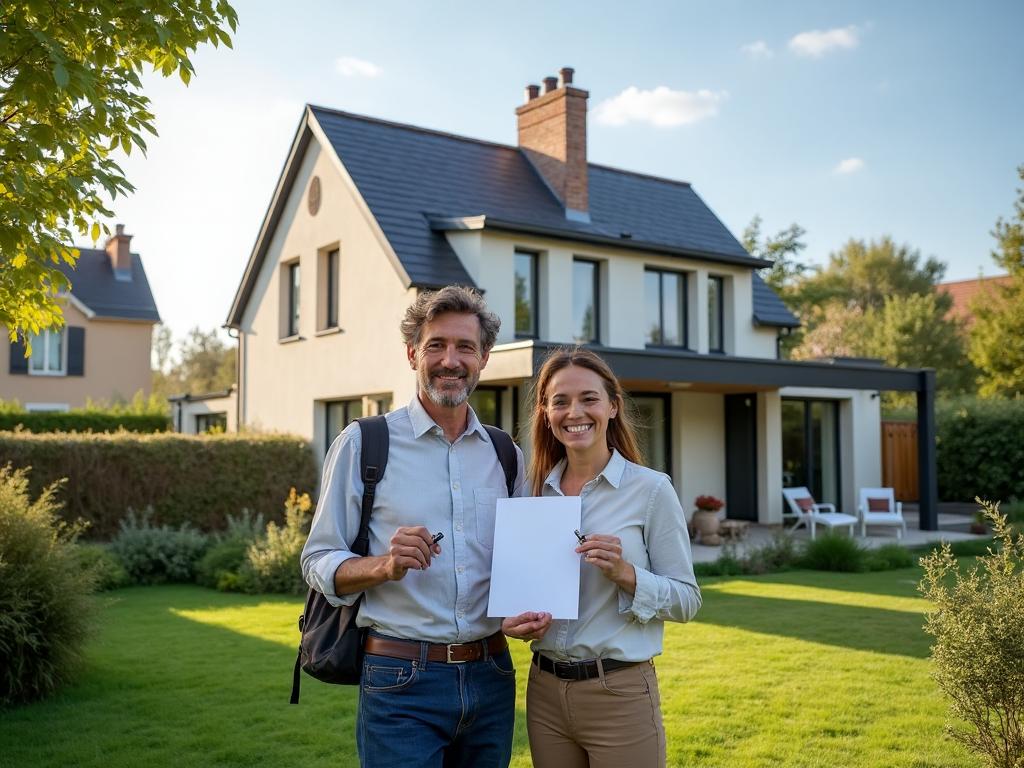 Couple heureux devant leur maison neuve
