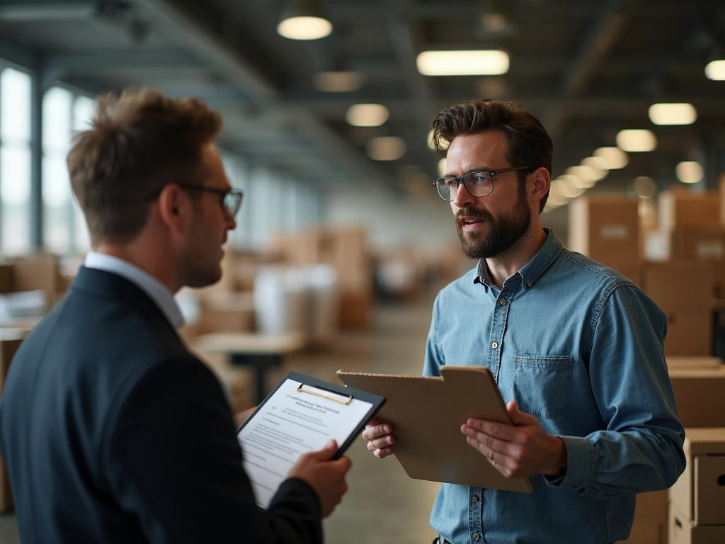 Réunion entre entrepreneur et conseiller assurance en entrepôt