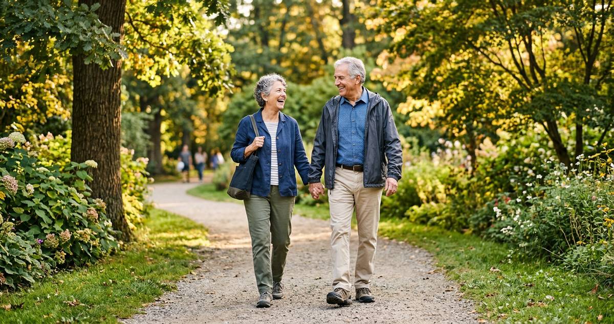 Couple senior actif profitant d'une promenade en extérieur