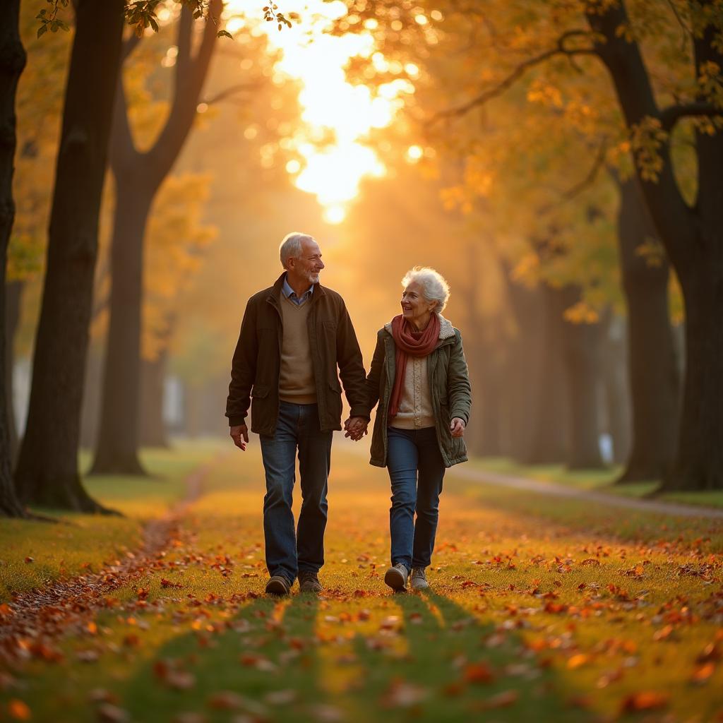 Couple senior en promenade automnale