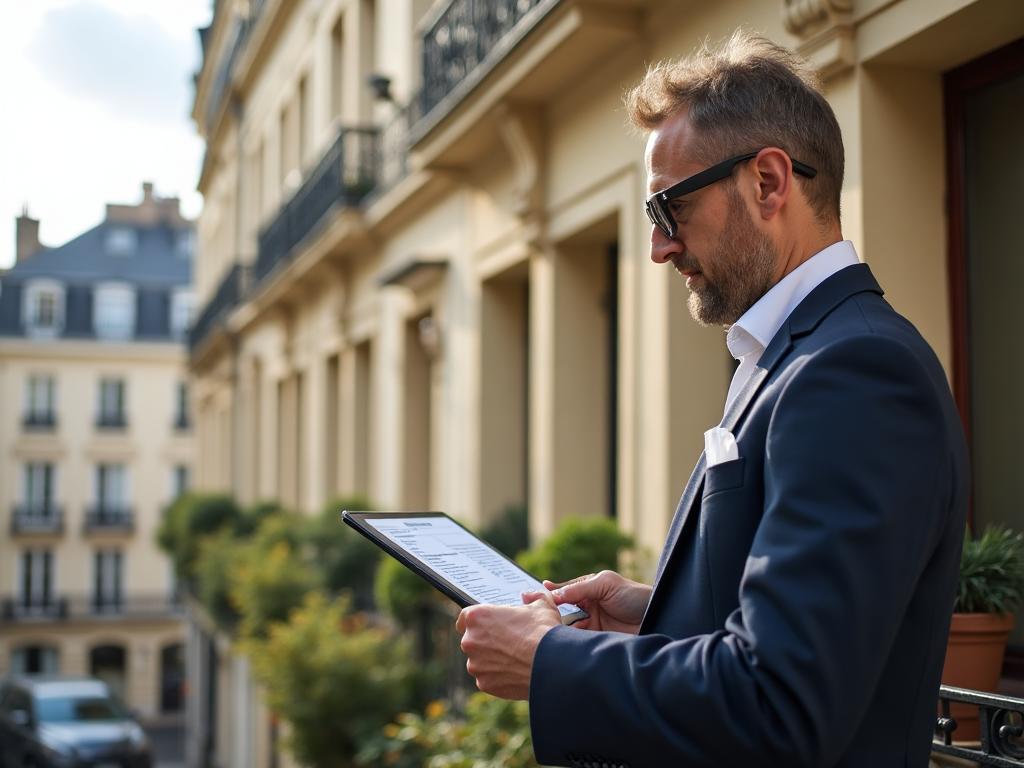Immeuble parisien avec propriétaire consultant ses documents