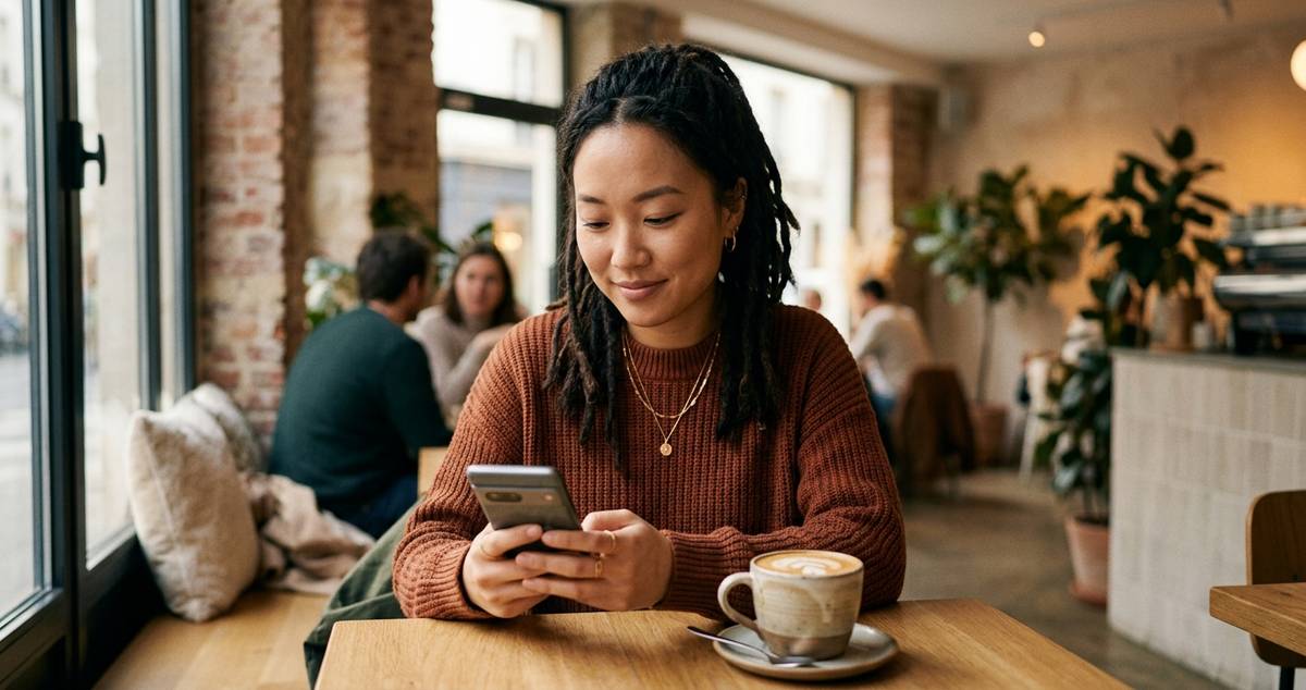 Personne utilisant son smartphone dans un café