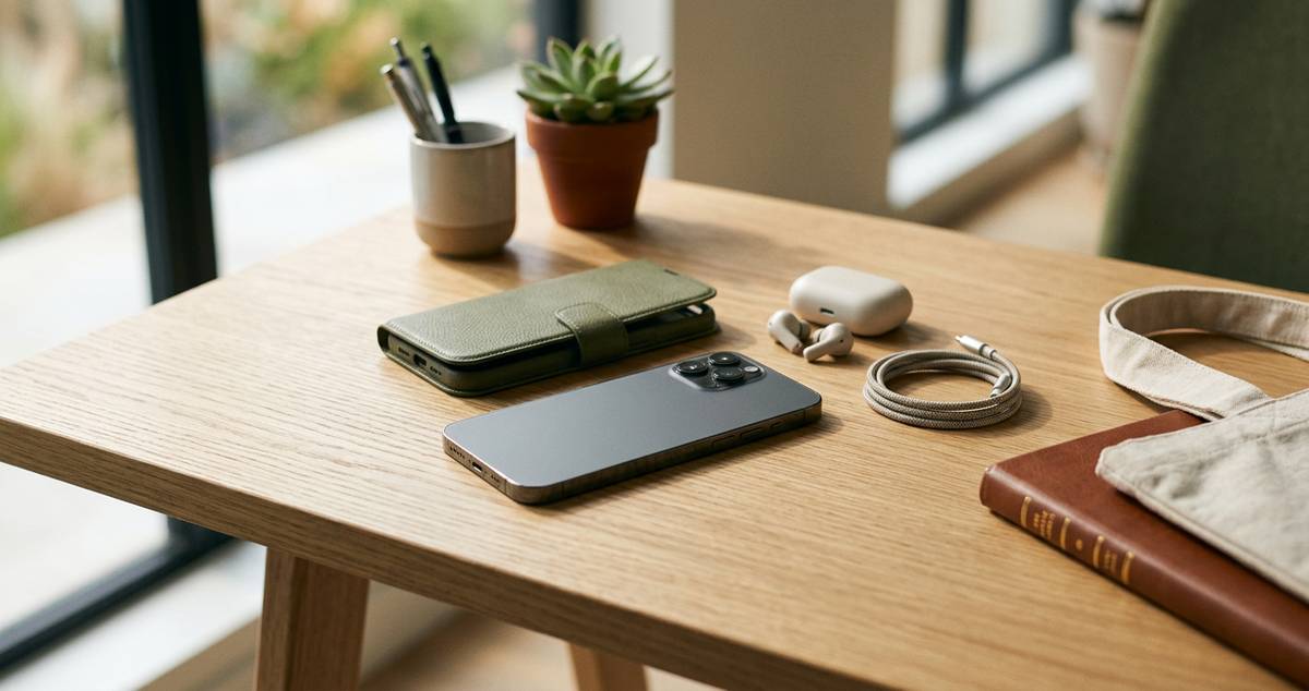 Smartphone posé sur un bureau avec ses accessoires