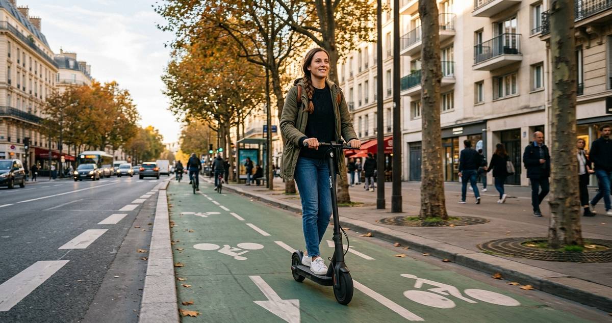 Personne se déplaçant en trottinette électrique en ville